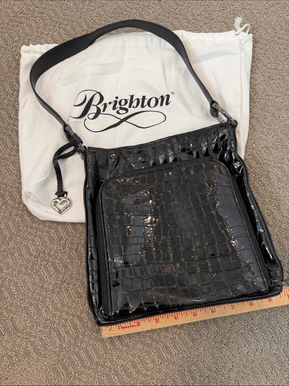 Brighton Black Croc-Embossed Patent Shoulder Bag with Heart Charm